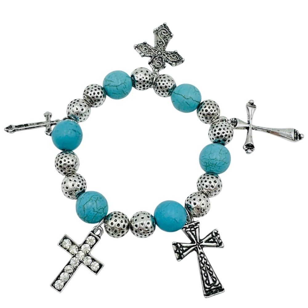 Christian Cross Charm Turquoise Bead Stretch Bracelet